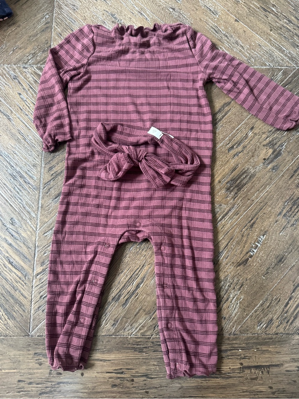 cloud island Mauve Plaid Long-Sleeve Baby One-Piece with Headband